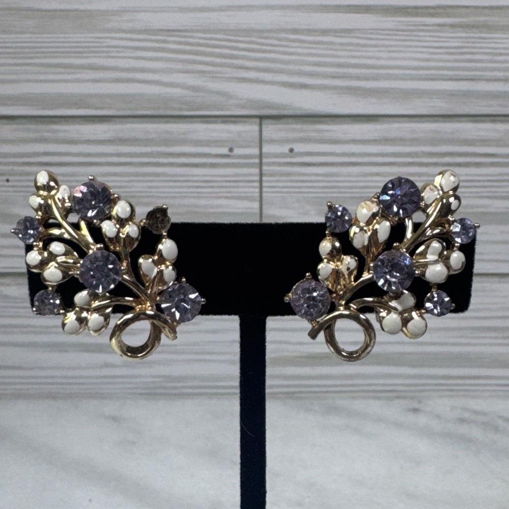 Vintage Earrings Signed CARO White Enamel Flowers Gold-Tone Clear Rhinestones